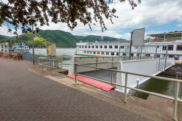 Boats moored up on the river Rhine at Boppard, Famous popular Wine Village of Boppard at Rhine River, Rhine Valley is UNESCO World Heritage Site