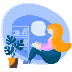 Girl read book. Reading woman with text bubble vector illustration on white background.