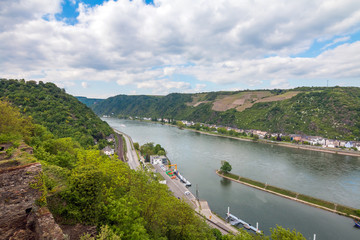 Obraz na płótnie Canvas View to river Rhine near Boppard city, Famous popular Wine Village of Boppard at Rhine River, middle Rhine Valley, Germany. Rhine Valley is UNESCO World Heritage Site