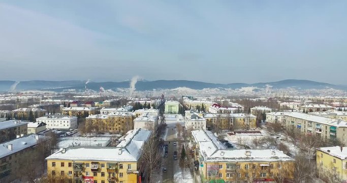 aerial view on Industry northern city in Ural Mountains in Republic of Baskortostan, Russia.