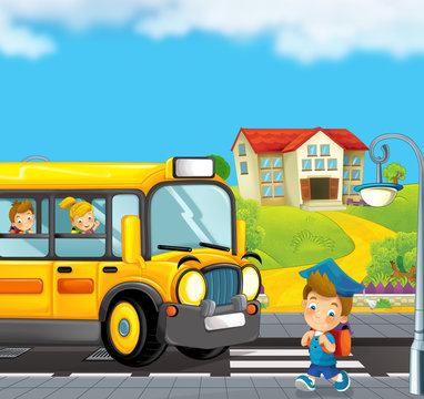 cartoon scene with school bus taking kids to school - illustration for children