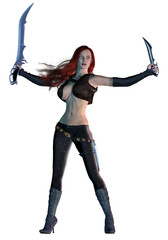 Fantasy warrior girl, long red hairs, armed with sword and dagger, 3d illustration
