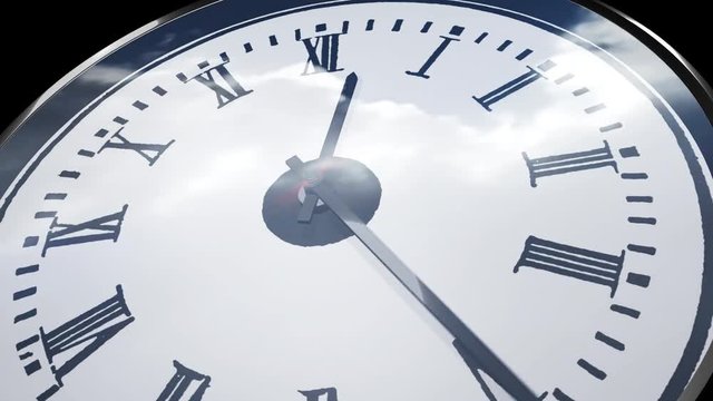Clock in timelapse sequence with fast moving clouds with reflection on glass