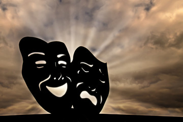 Happy and sad masks of Pathos denote comedy and tragedy and are theater symbols.