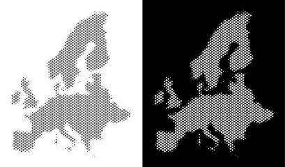 Halftone circle spot European Union map. Vector geographical maps in gray and white colors on white and black backgrounds. Abstract pattern of European Union map designed of circle dots.