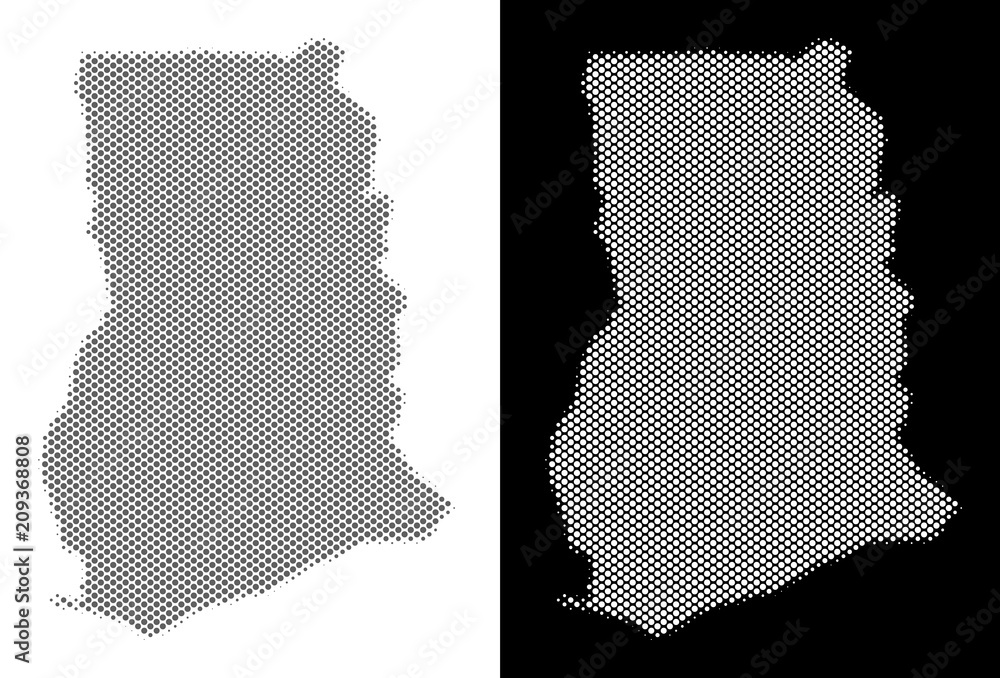 Poster halftone round pixel ghana map. vector geographic maps in gray and white colors on white and black b