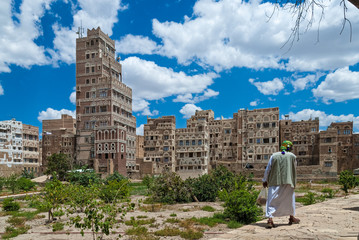 Multi-storey traditional buildings made of stone in Sanaa, Yemen
