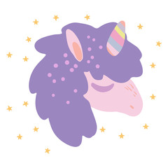 Hand drawn vector illustration of cute unicorn with rainbow horn and small stars. Isolated on white. Simple sweet kids nursery art Scandinavian style. Graphic design for apparel.