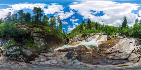 mountain river with rapids in the taiga forest. Spherical panorama 360vr degrees
