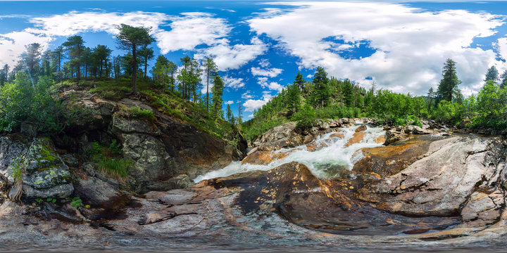 Fototapeta mountain river with rapids in the taiga forest. Spherical panorama 360vr degrees