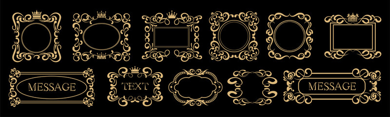 Frame, Vector Set. Gold on black. Calligraphy frames in the old style: antique, Baroque, Victorian, Rococo. Template for graphic design