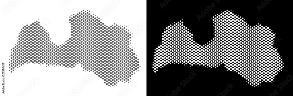 Poster halftone circle blot latvia map. vector territory maps in grey and white colors on white and black b