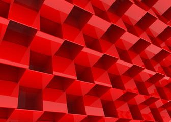 3d rendering. perspective view of  randoming red hole square boxes stack wall background.