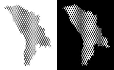 Halftone round blot Moldova map. Vector territory maps in grey and white colors on white and black backgrounds. Abstract mosaic of Moldova map constructed of round elements.