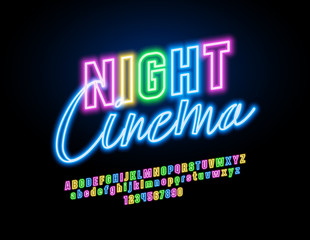 Fototapeta na wymiar Vector neon Night Cinema banner. Bright colorful Font. Glowing Alphabet Letters, Numbers and Symbols