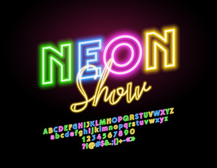 Vector glowing sign Neon Show. Coloful light Font. Bright illuminated Alphabet Letters, Numbers and Symbols