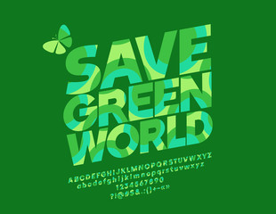 Vector logo Save Green World. Graphic Style Font. Textured Alphabet Letters, Numbers and Symbols