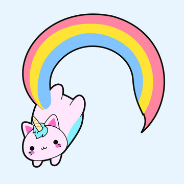 Illustration of a cute fat pink cat with a horn and a long rainbow tail. This kawaii hybrid between feline and unicorn is full of happiness and is try to distribute equal love for all. Cattycorn.
