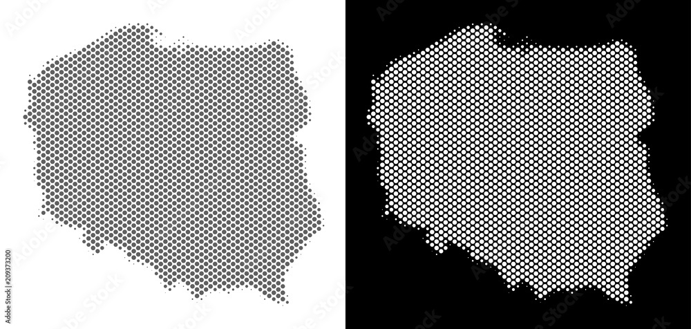 Aufkleber halftone circle spot poland map. vector territory maps in grey and white colors on white and black b