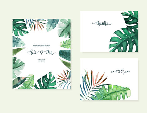 Exotic tropical palm tree. Frame border background. Summer vector illustration. Template set for card. Watercolor style
