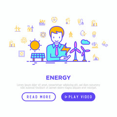 Energy concept with thin line icons: factory, oil platform, hydropower, wind energy, power socket, radioactivity, garbage, oil rig, recycling. Vector illustration, web page template.
