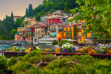 Obraz premium holidays in Italy - a view of the most beautiful lake in Italy, Varenna, Lago di Como. Evening time.