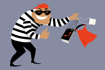 Criminal in a mask selling counterfeit goods, EPS 8 vector illustration