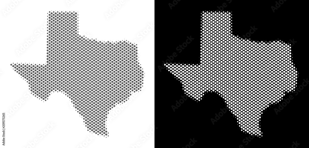 Poster halftone circle blot texas map. vector territorial maps in gray and white colors on white and black 
