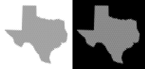 Halftone circle blot Texas map. Vector territorial maps in gray and white colors on white and black backgrounds. Abstract mosaic of Texas map made of round dots.