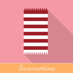 Collection of Summer Holiday Items, Flat Design with long shadow in Bright Colors: Red and White Striped Beach Towel