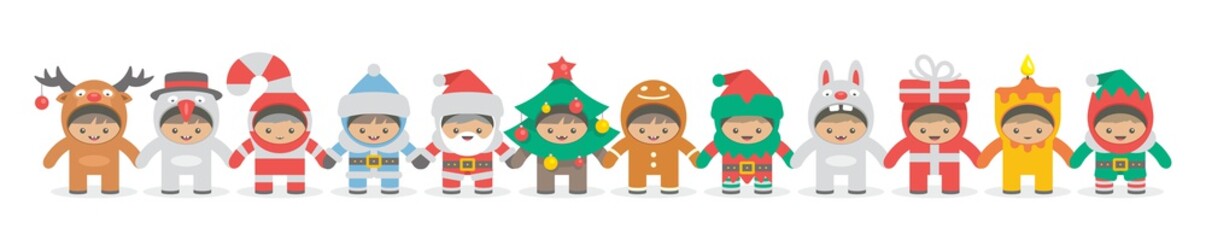 Kids holding hand in Christmas costumes, flat style. isolated on white background