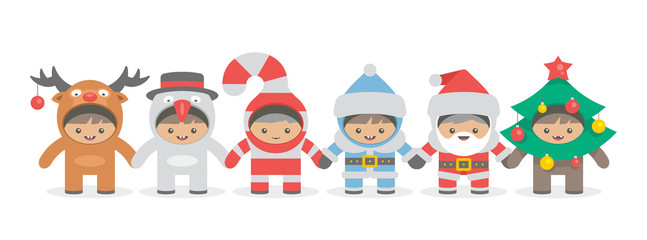 Kids holding hand in Christmas costumes, flat style. isolated on white background