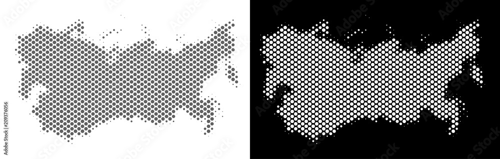 Poster halftone circle pixel ussr map. vector territory maps in grey and white colors on white and black ba