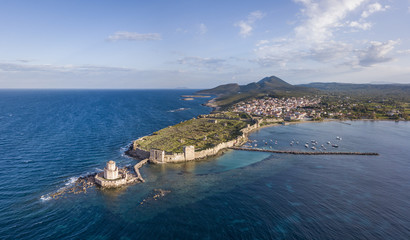 Aerial view of the Methoni castle and the Bourtzi tower on the southern cape of Peloponnese