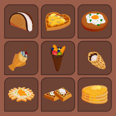 Different wafer cookies waffle cakes pastry cookie biscuit delicious snack cream dessert crispy bakery food vector illustration