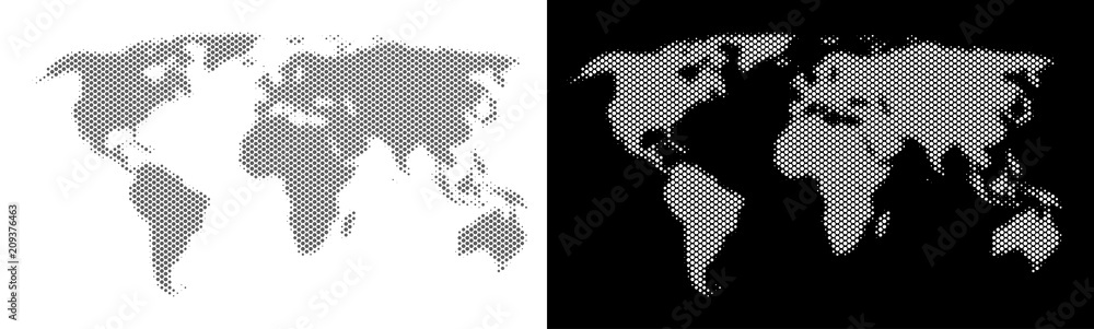Poster halftone circle pixel world map. vector geographic maps in grey and white colors on white and black 
