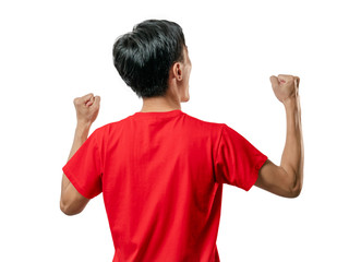 Soccer fan celebrating man in red short sleeve shirt.