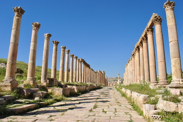 Ancient road with old columns in Jerash, Jordan