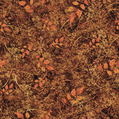 Watercolor floral seamless background, texture of autumn leaves, grasses, plants. Juniper with berries, moss,wild grass, plants. Natural wood pattern. Beautiful pattern for your design. Brown, red.
