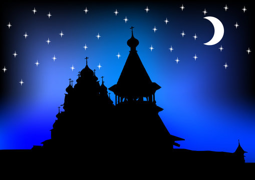 Ancient wooden Christian temple on color background