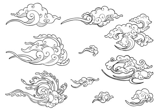 oriental Japanese or Chinese cloud ornament doodle drawing collection set vector with white isolated background 