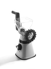 mechanical meat grinder on white background.