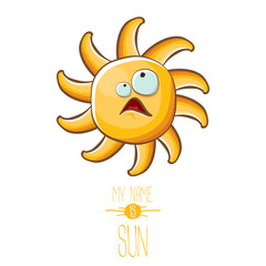 vector funky cartoon style summer sun character isolated on white background. My name is sun concept illustration. funky kids summer character with eyes and mouth