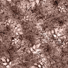 Watercolor floral seamless background, texture of autumn leaves, grasses, plants. Juniper with berries, moss,wild grass, plants. Natural wood pattern. Beautiful pattern for your design. Brown, white