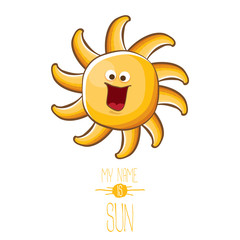 vector funky cartoon style summer sun character isolated on white background. My name is sun concept illustration. funky kids summer character with eyes and mouth