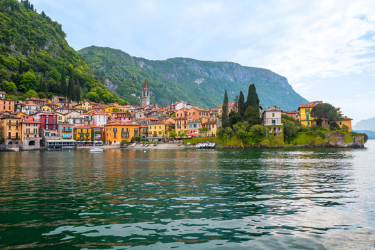 Lakefront of Varenna village seen from ferry departs Lake Como to Bellagio in Italy