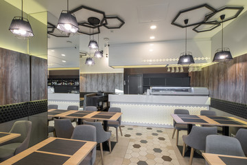 Interior of restaurant. Wooden design. Modern style.