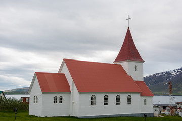 Fototapeta na wymiar Church of Village of Hrisey in Iceland