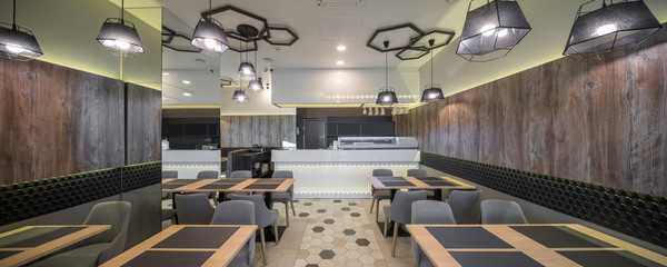 Interior of restaurant. Wooden design. Modern style.