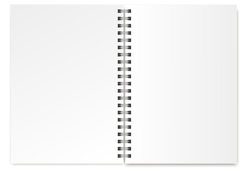 Vector template of an open spiral notebook, organizer, calendar, magazine size a5. Realistic metal spiral and light shadows. Suitable for your design.